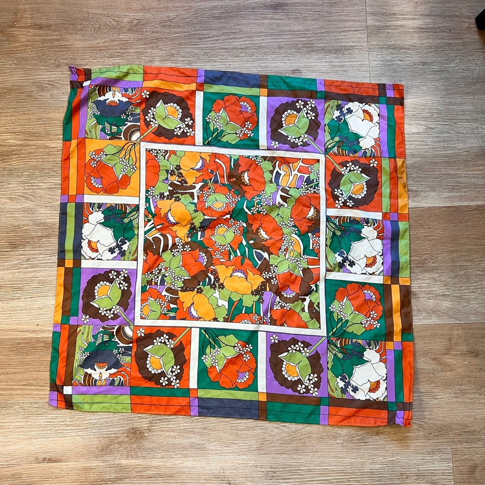 Zara Multicolor Floral Silk Scarf - Orange, Green, Purple